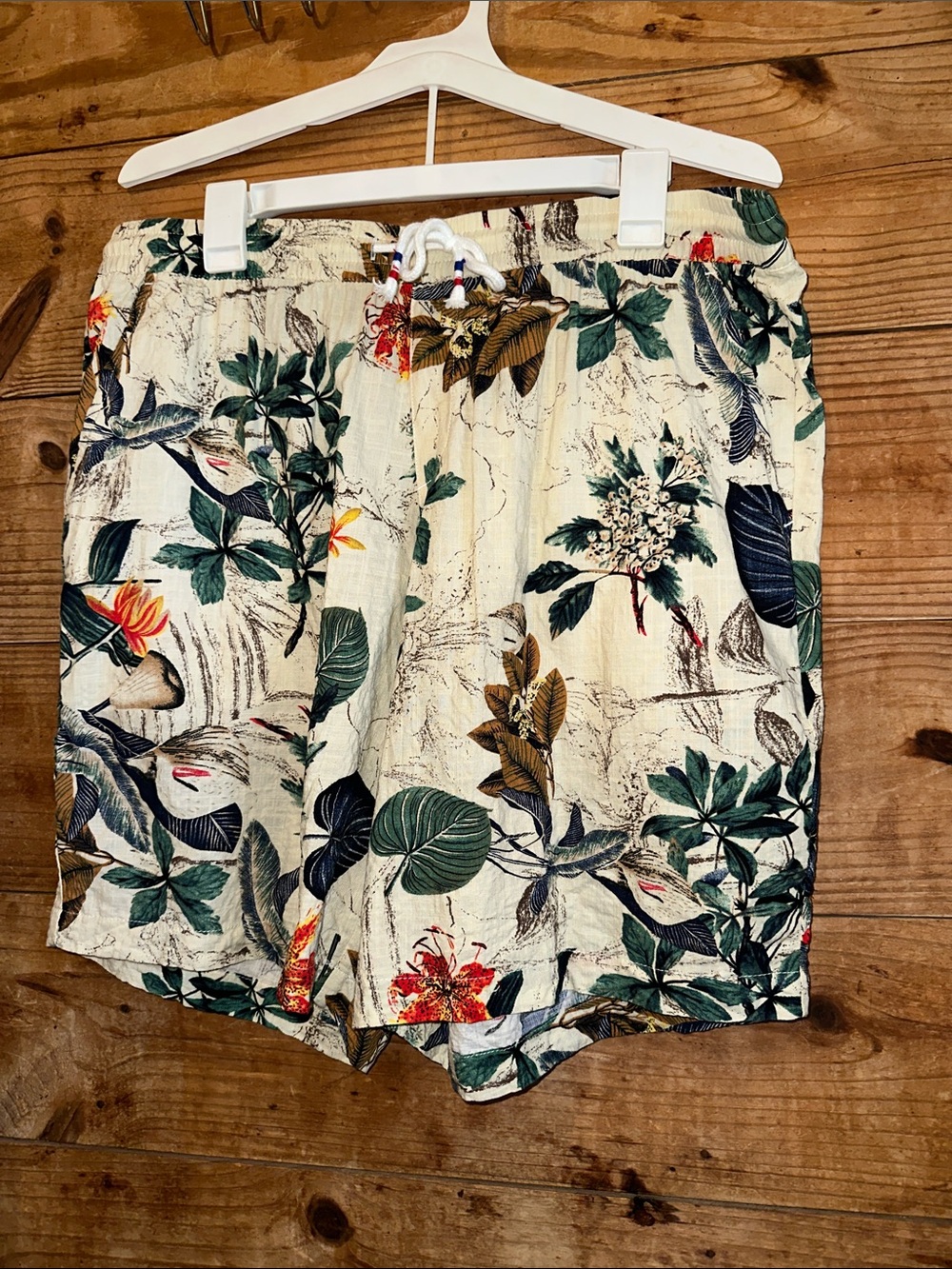 Jogal Cream Tropical Print Drawstring Shorts